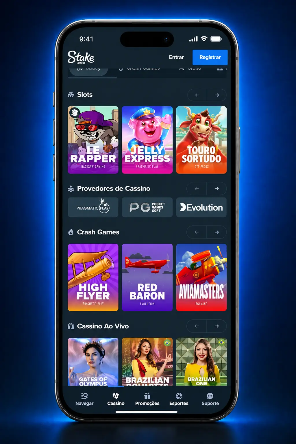 Jogador acessando slots na Stake